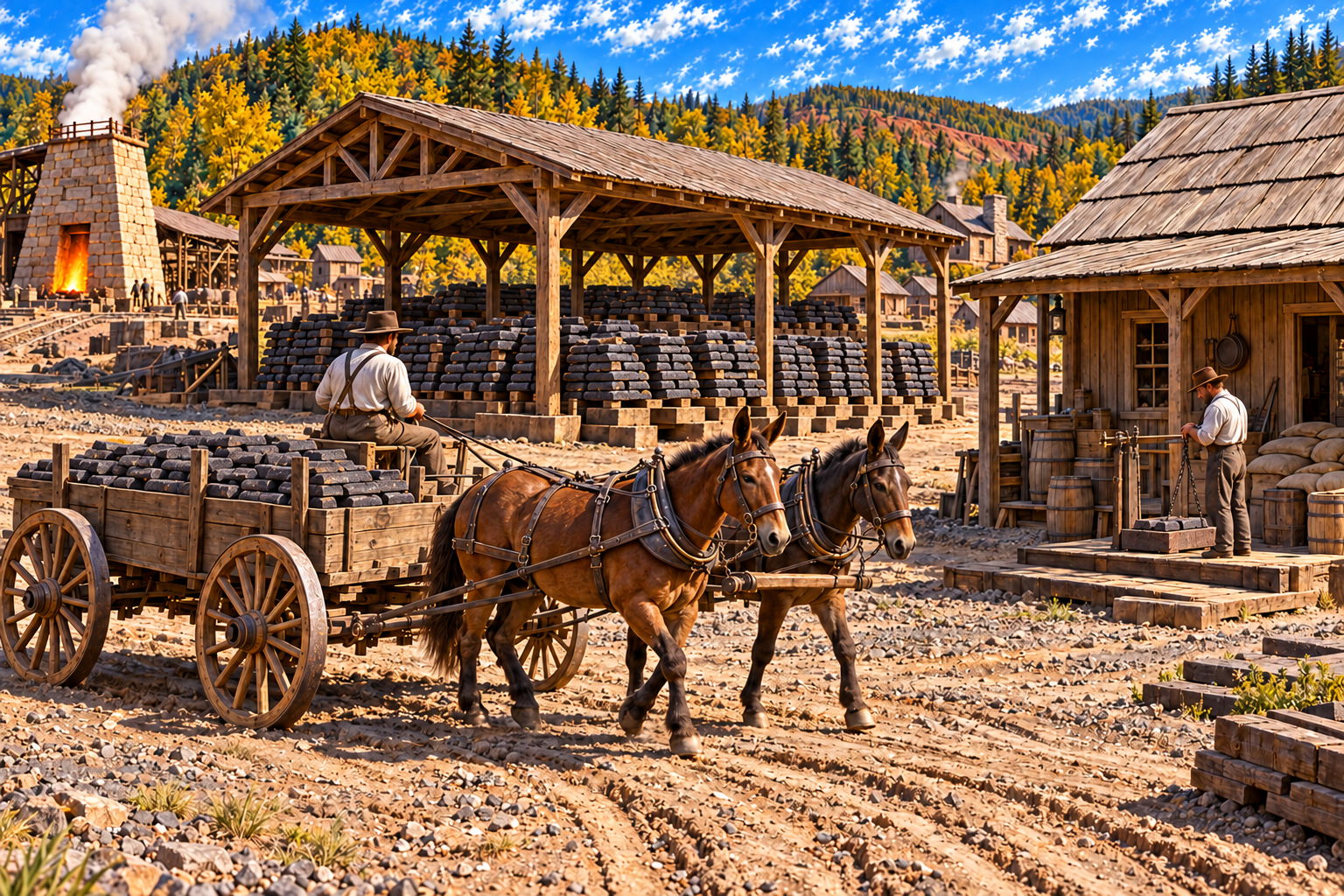 Close-up interpretive illustration of stored iron pigs, a mule wagon, company store and weighing area