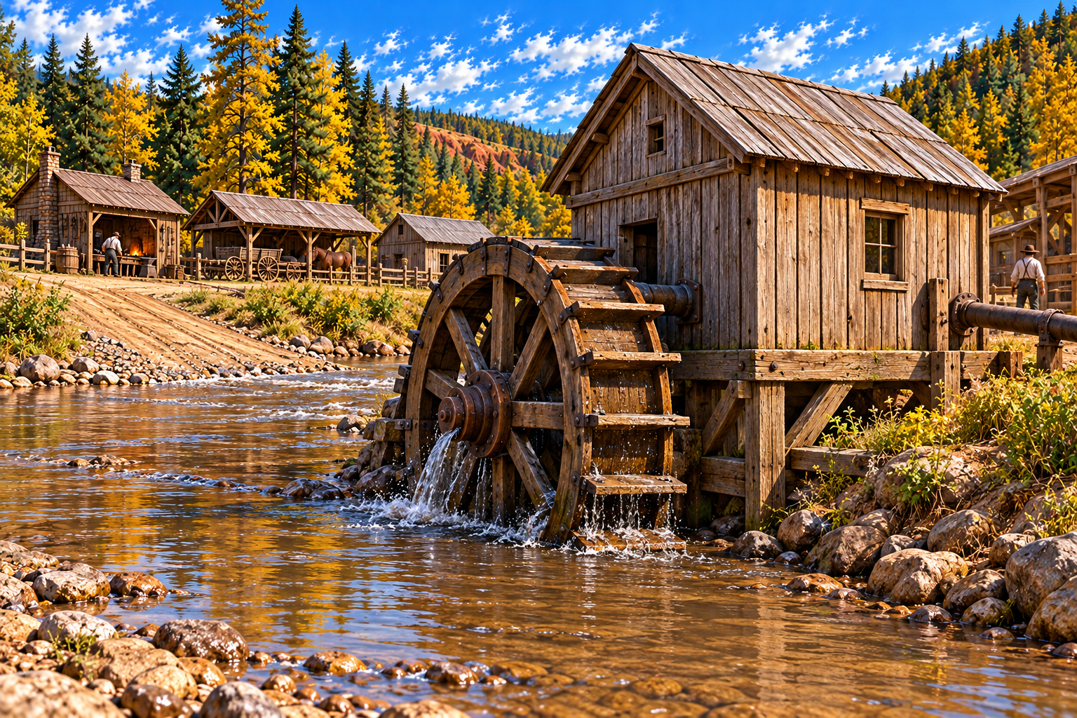 Close-up interpretive illustration of a wooden waterwheel pump house, shallow creek, ford and workshops